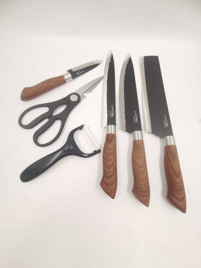 Conjunto Kit faca Preta 6 itens Inox Mármore Para cozinha Churrasco Descascador de Legumes - Image 2