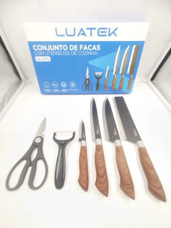 Conjunto Kit faca Preta 6 itens Inox Mármore Para cozinha Churrasco Descascador de Legumes