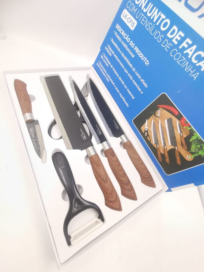 Conjunto Kit faca Preta 6 itens Inox Mármore Para cozinha Churrasco Descascador de Legumes - Image 3