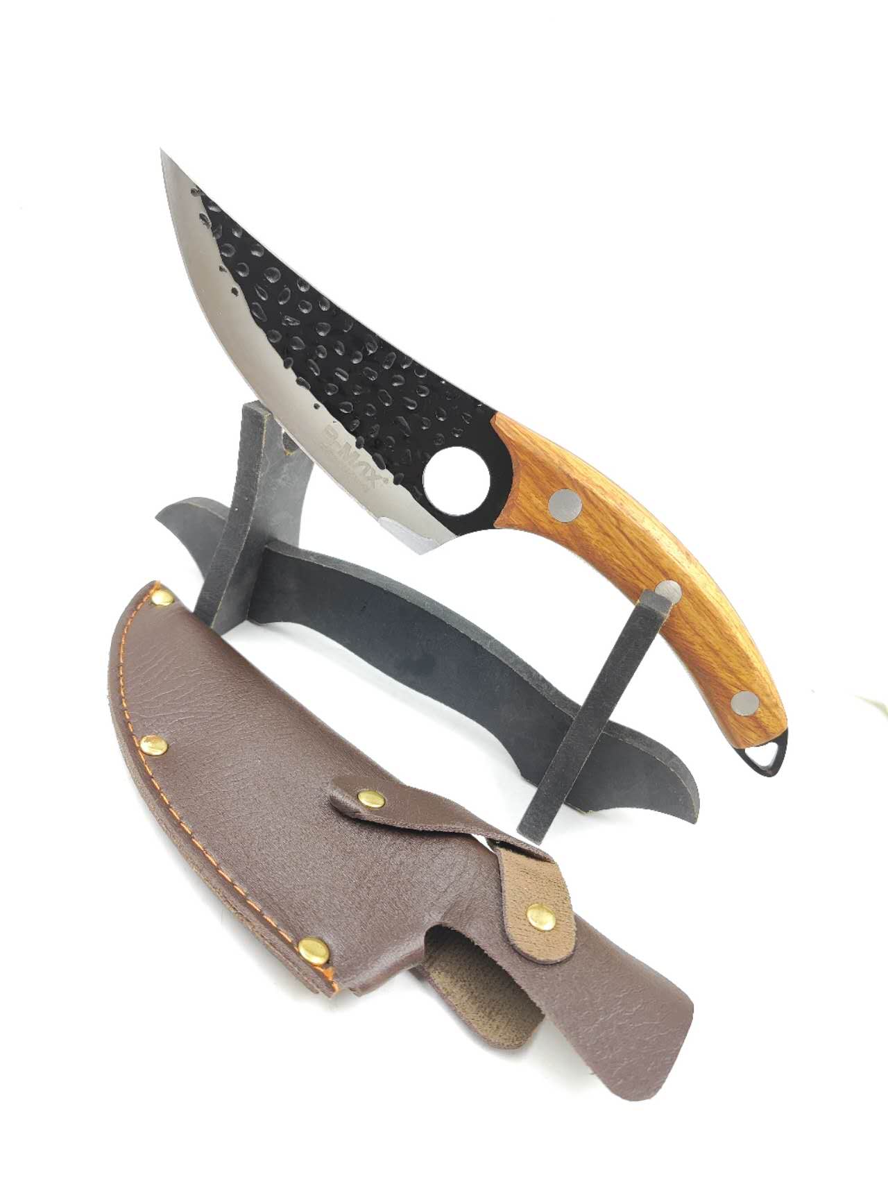 Faca Rústica Olho De Tigre Churrasco INOX KING MADEIRA PRESENTE PAI Acabamento Martelado Com Bainha