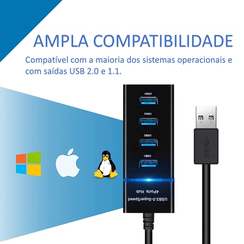 Hub USB 3.0 e 2.0 4 Portas Extensor USB KNUP - KP-HB500