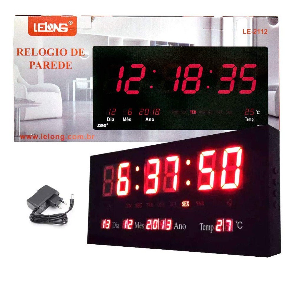 Relogio De Parede Digital Grande Led Alarme Calendário 46 CM 2112