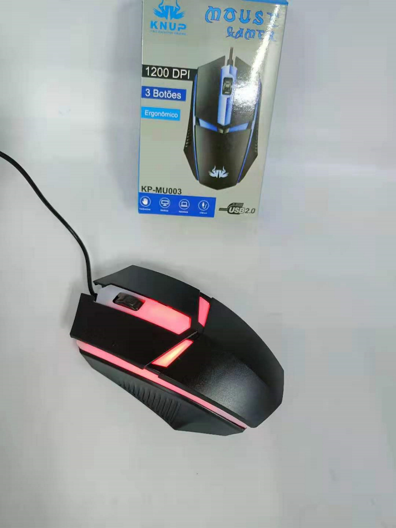 Mouse Gamer 1200 DPI Led 3 Botões usb 2.0 Knup KP-MU003 Original
