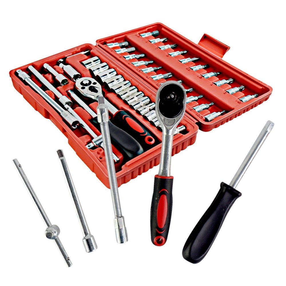 Kit De Ferramentas Com 46 Peças Jogo De Chaves Com Catraca Reversível + Soquetes