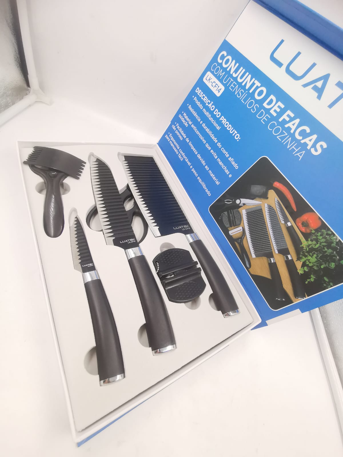 Conjunto Kit faca Preta 6 itens Inox M??rmore Para cozinha Churrasco Descascador de Legumes