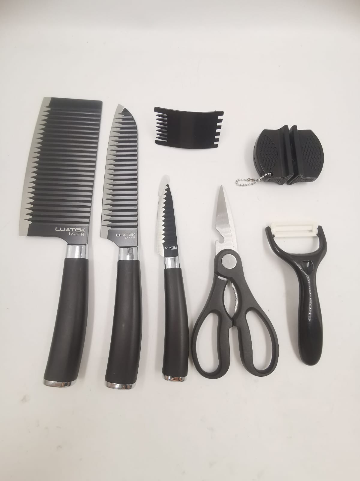 Conjunto Kit faca Preta 6 itens Inox M??rmore Para cozinha Churrasco Descascador de Legumes