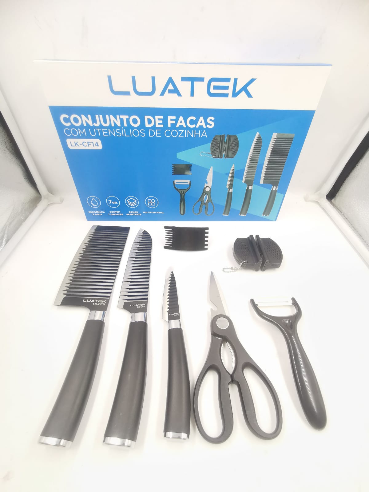 Conjunto Kit faca Preta 6 itens Inox M??rmore Para cozinha Churrasco Descascador de Legumes