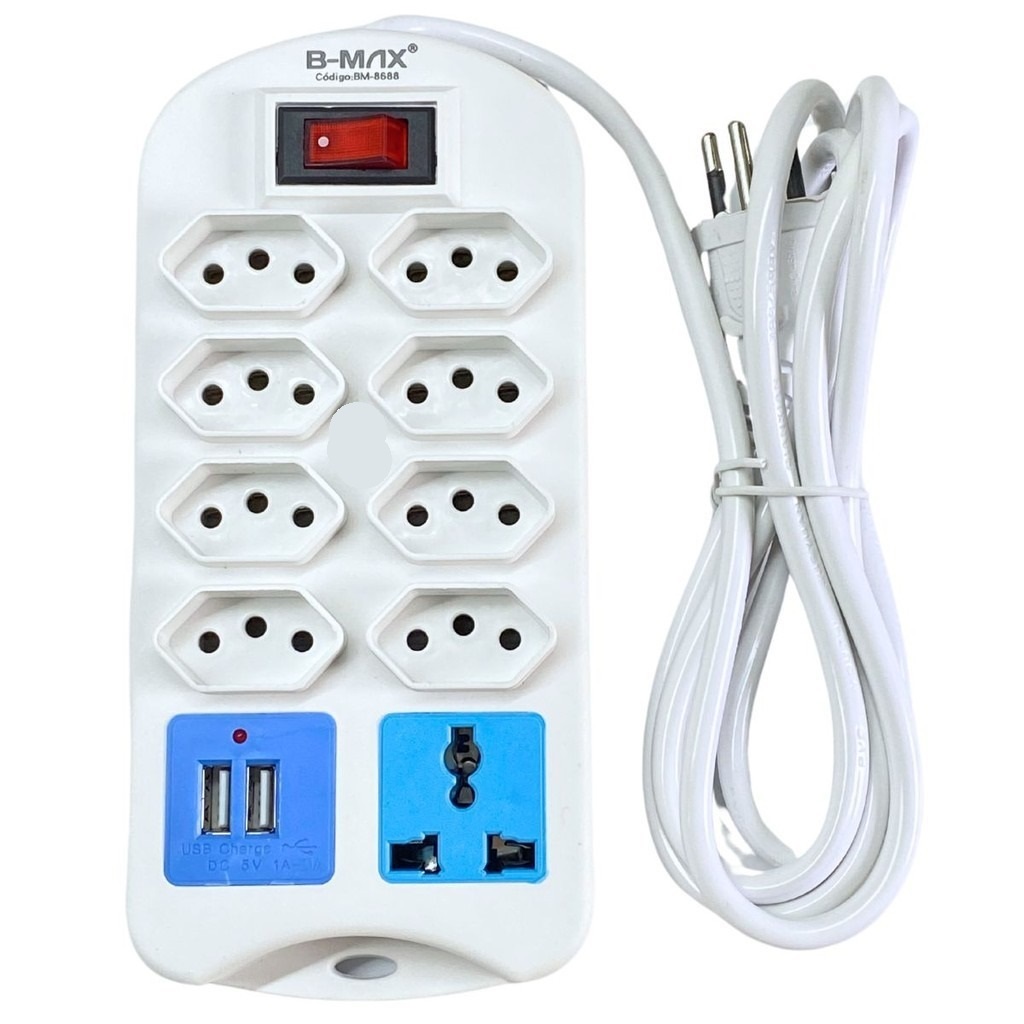 Extensão Elétrica 8 Tomadas Régua 2 Usb Com Cabo 2 Metros Branco