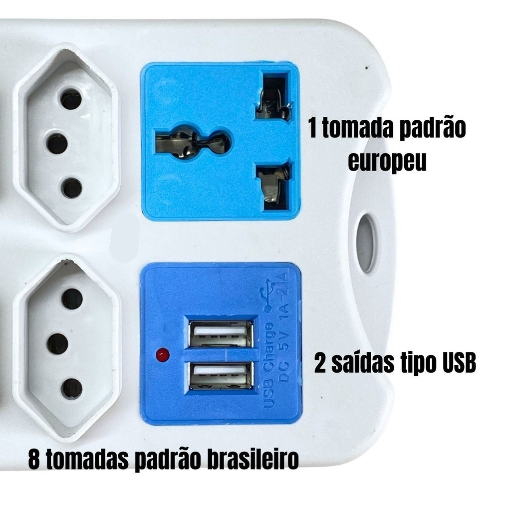 Extensão Elétrica 8 Tomadas Régua 2 Usb Com Cabo 2 Metros Branco
