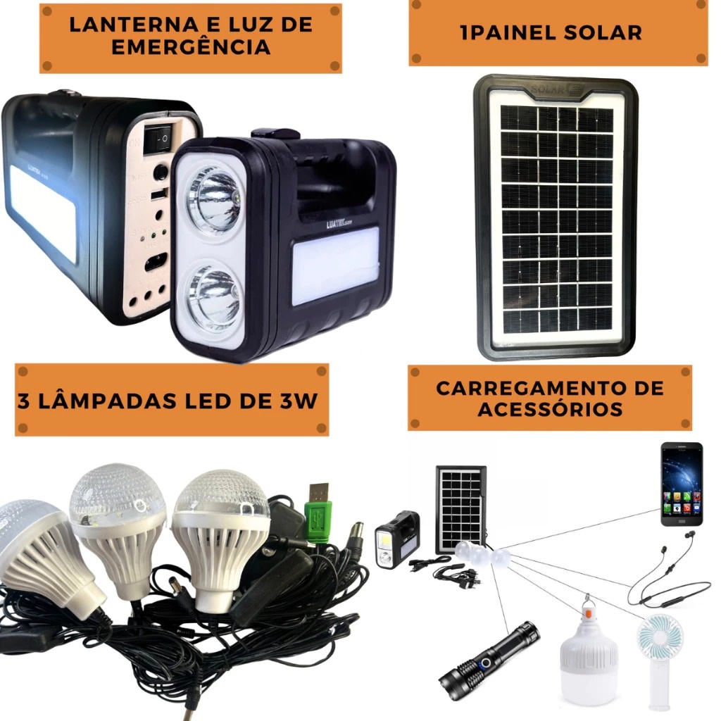 kit Sistema de Luz Solar Farolete lanterna recarregavel lk-3101 Acompanha 3 lâmpadas LED