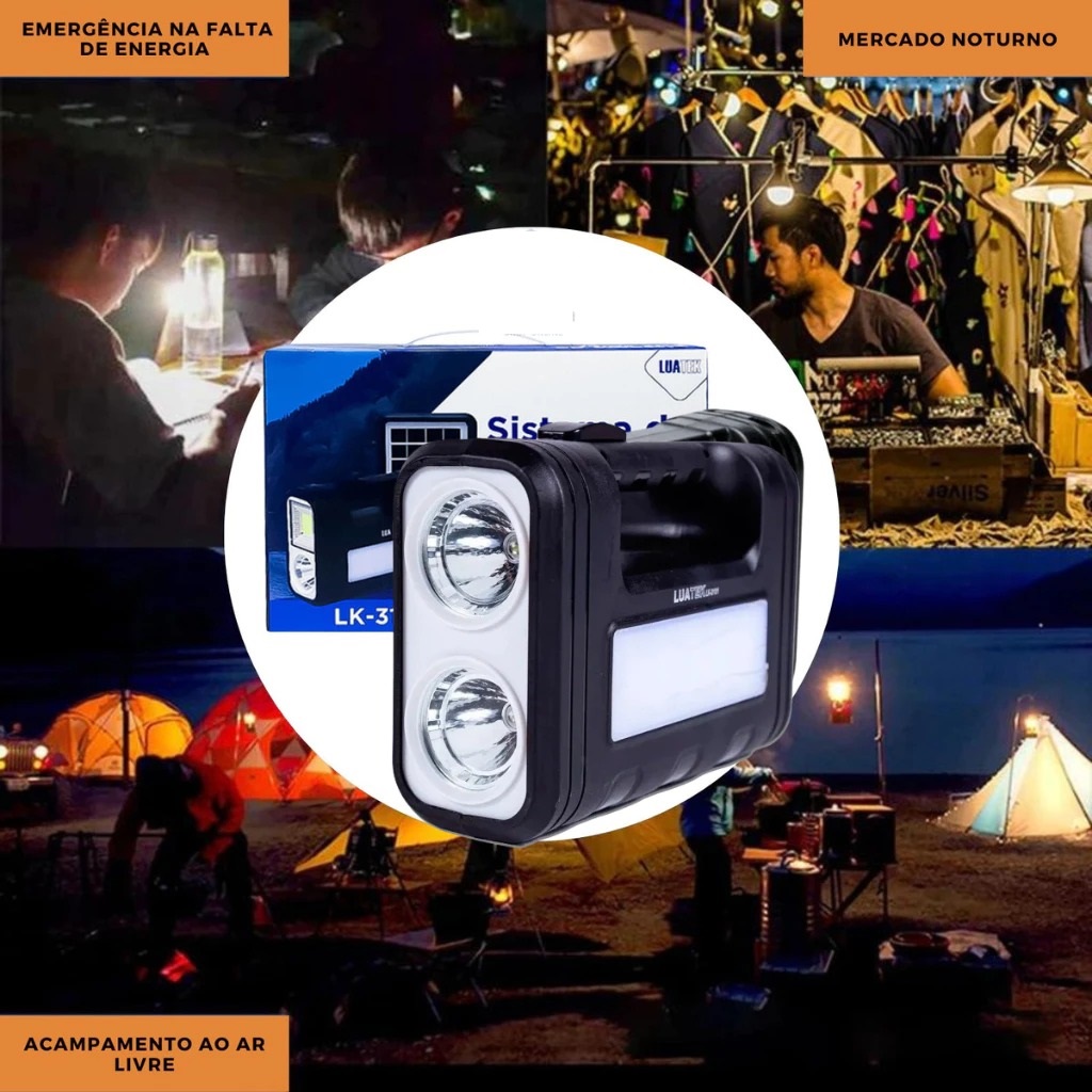 kit Sistema de Luz Solar Farolete lanterna recarregavel lk-3101 Acompanha 3 lâmpadas LED