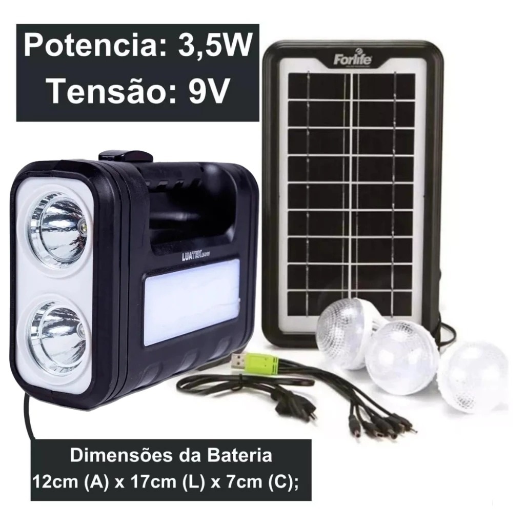 kit Sistema de Luz Solar Farolete lanterna recarregavel lk-3101 Acompanha 3 lâmpadas LED