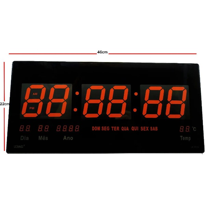 Relogio De Parede Digital Grande Led Alarme Calendário 46 CM 2112