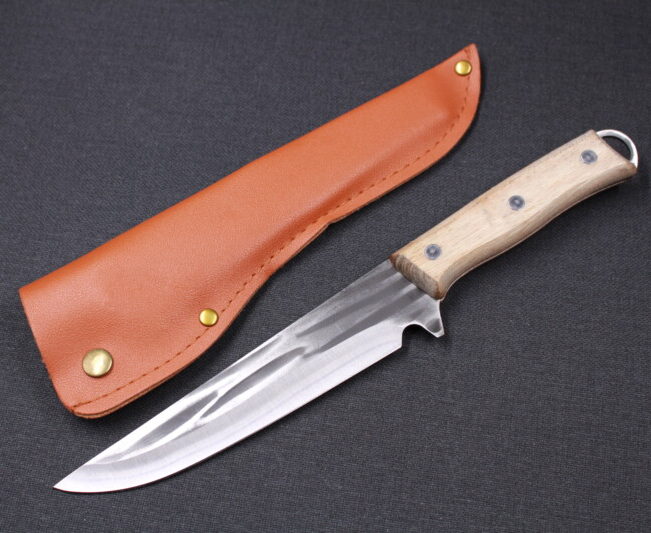 Faca 29cm Churrasco e Pesca Cabo Madeira C/ Bainha De Couro DJ400