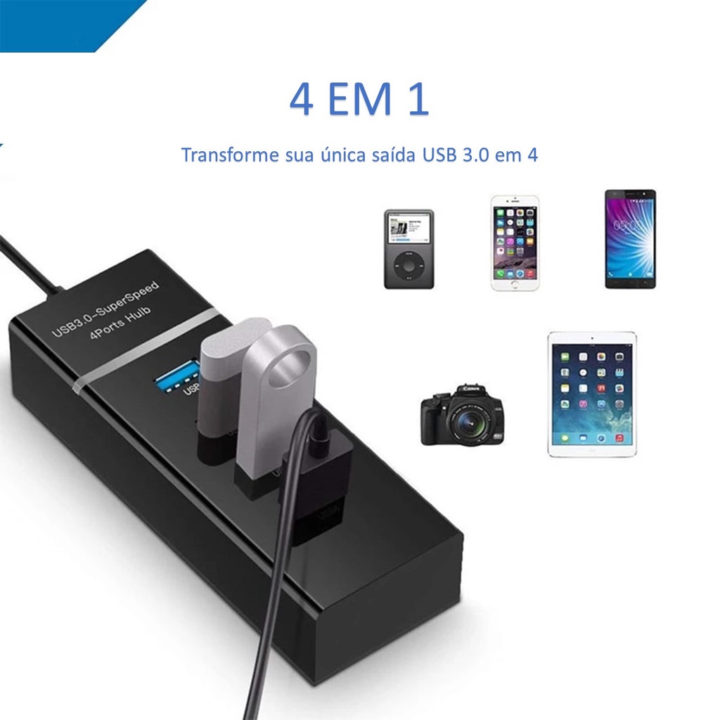 Hub USB 3.0 e 2.0 4 Portas Extensor USB KNUP - KP-HB500